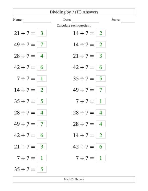 The Horizontally Arranged Dividing by 7 with Quotients 1 to 7 (25 Questions; Large Print) (H) Math Worksheet Page 2