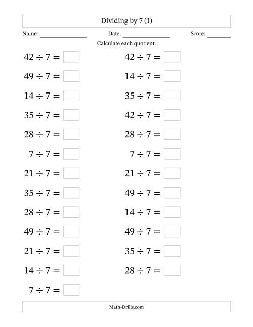 The Horizontally Arranged Dividing by 7 with Quotients 1 to 7 (25 Questions; Large Print) (I) Math Worksheet