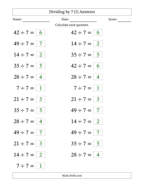 The Horizontally Arranged Dividing by 7 with Quotients 1 to 7 (25 Questions; Large Print) (I) Math Worksheet Page 2