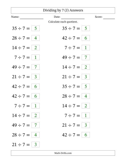 The Horizontally Arranged Dividing by 7 with Quotients 1 to 7 (25 Questions; Large Print) (J) Math Worksheet Page 2