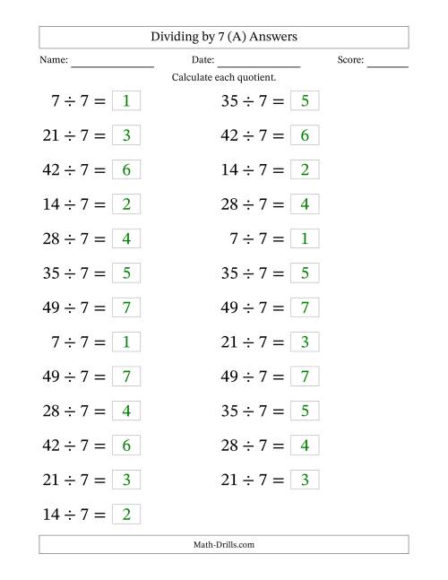 The Horizontally Arranged Dividing by 7 with Quotients 1 to 7 (25 Questions; Large Print) (All) Math Worksheet Page 2