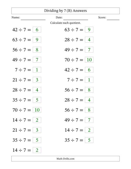 The Horizontally Arranged Dividing by 7 with Quotients 1 to 10 (25 Questions; Large Print) (B) Math Worksheet Page 2