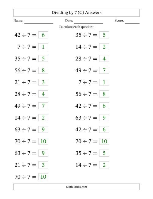 The Horizontally Arranged Dividing by 7 with Quotients 1 to 10 (25 Questions; Large Print) (C) Math Worksheet Page 2