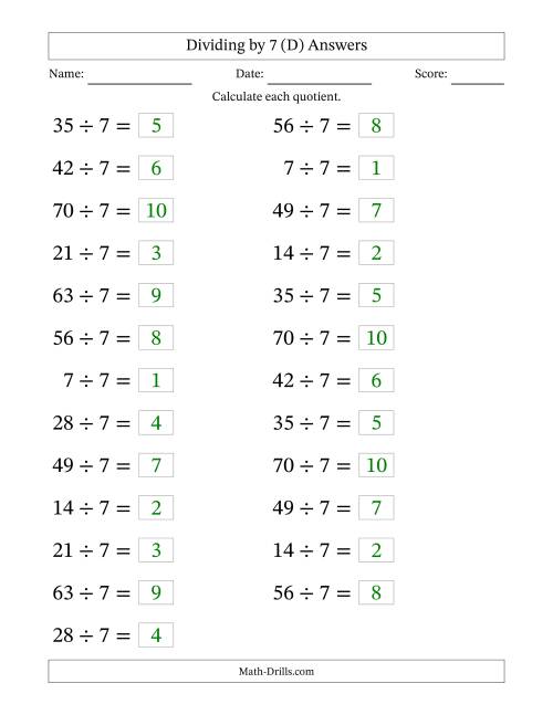 The Horizontally Arranged Dividing by 7 with Quotients 1 to 10 (25 Questions; Large Print) (D) Math Worksheet Page 2
