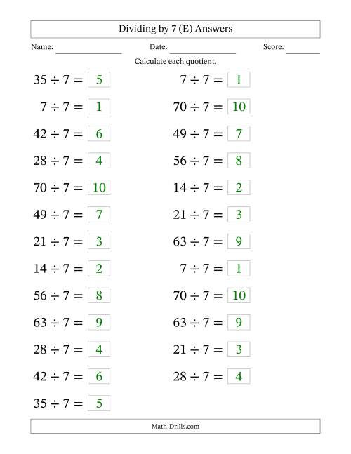 The Horizontally Arranged Dividing by 7 with Quotients 1 to 10 (25 Questions; Large Print) (E) Math Worksheet Page 2