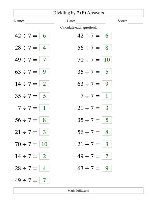 The Horizontally Arranged Dividing by 7 with Quotients 1 to 10 (25 Questions; Large Print) (F) Math Worksheet Page 2