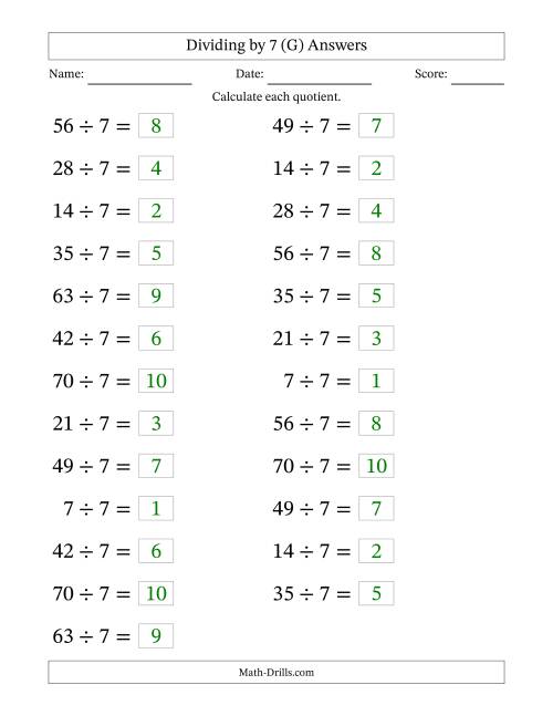 The Horizontally Arranged Dividing by 7 with Quotients 1 to 10 (25 Questions; Large Print) (G) Math Worksheet Page 2