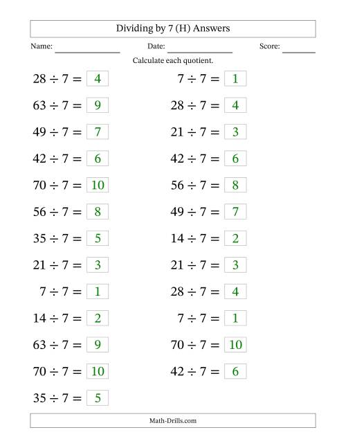 The Horizontally Arranged Dividing by 7 with Quotients 1 to 10 (25 Questions; Large Print) (H) Math Worksheet Page 2