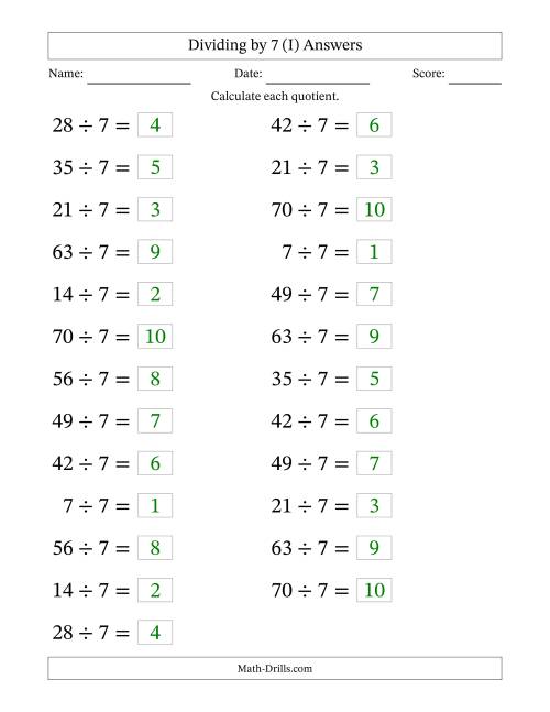 The Horizontally Arranged Dividing by 7 with Quotients 1 to 10 (25 Questions; Large Print) (I) Math Worksheet Page 2