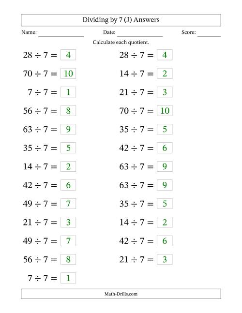 The Horizontally Arranged Dividing by 7 with Quotients 1 to 10 (25 Questions; Large Print) (J) Math Worksheet Page 2