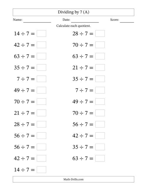 The Horizontally Arranged Dividing by 7 with Quotients 1 to 10 (25 Questions; Large Print) (All) Math Worksheet