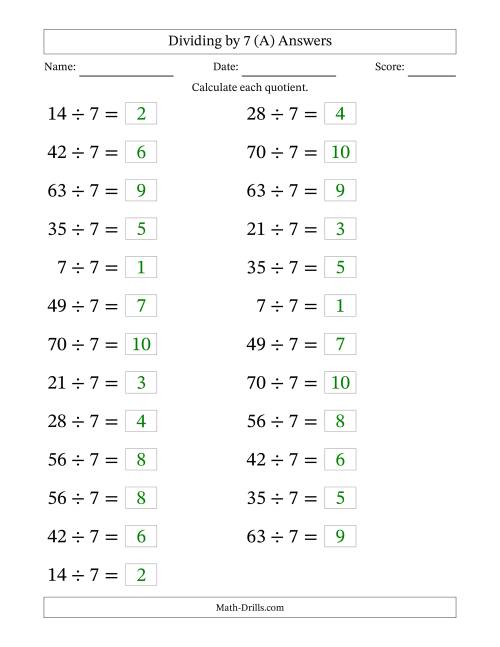 The Horizontally Arranged Dividing by 7 with Quotients 1 to 10 (25 Questions; Large Print) (All) Math Worksheet Page 2