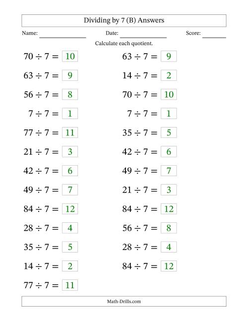The Horizontally Arranged Dividing by 7 with Quotients 1 to 12 (25 Questions; Large Print) (B) Math Worksheet Page 2