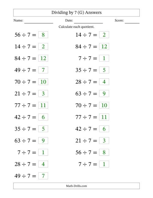 The Horizontally Arranged Dividing by 7 with Quotients 1 to 12 (25 Questions; Large Print) (G) Math Worksheet Page 2