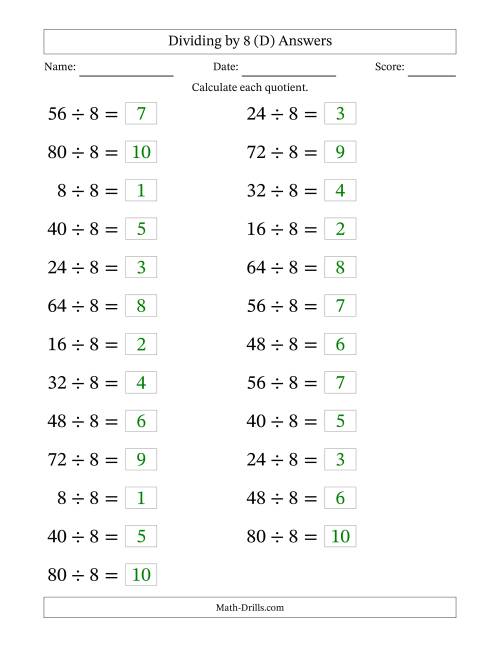 The Horizontally Arranged Dividing by 8 with Quotients 1 to 10 (25 Questions; Large Print) (D) Math Worksheet Page 2