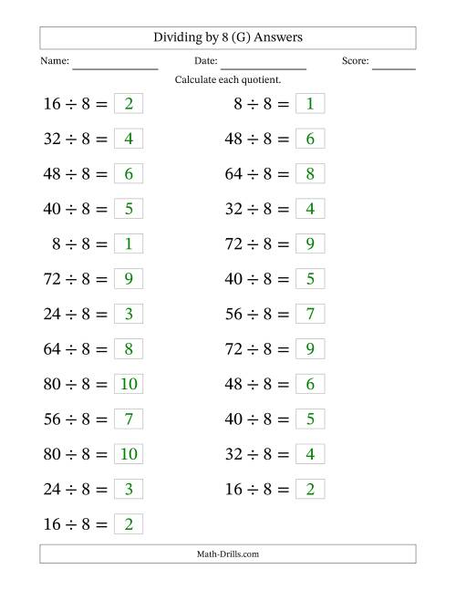 The Horizontally Arranged Dividing by 8 with Quotients 1 to 10 (25 Questions; Large Print) (G) Math Worksheet Page 2