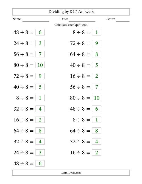 The Horizontally Arranged Dividing by 8 with Quotients 1 to 10 (25 Questions; Large Print) (I) Math Worksheet Page 2