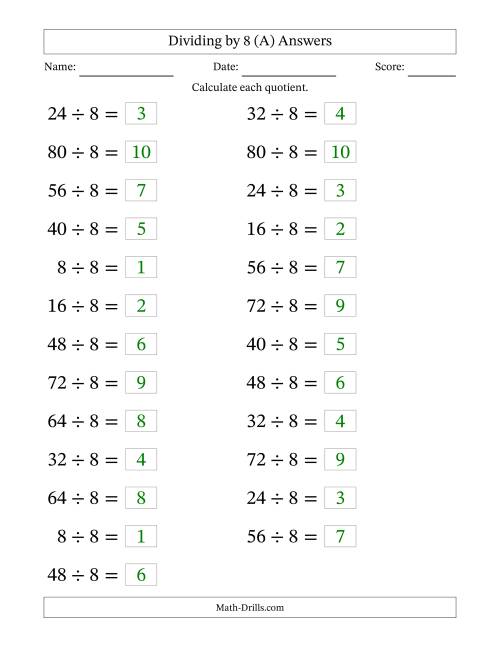 The Horizontally Arranged Dividing by 8 with Quotients 1 to 10 (25 Questions; Large Print) (All) Math Worksheet Page 2