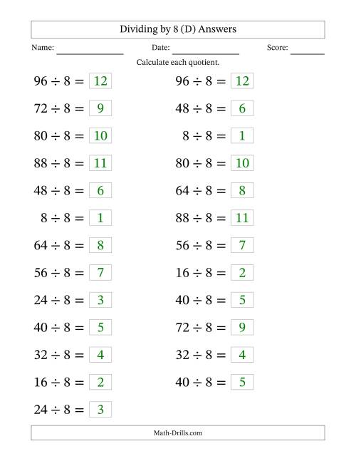 The Horizontally Arranged Dividing by 8 with Quotients 1 to 12 (25 Questions; Large Print) (D) Math Worksheet Page 2