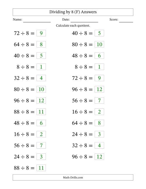 The Horizontally Arranged Dividing by 8 with Quotients 1 to 12 (25 Questions; Large Print) (F) Math Worksheet Page 2