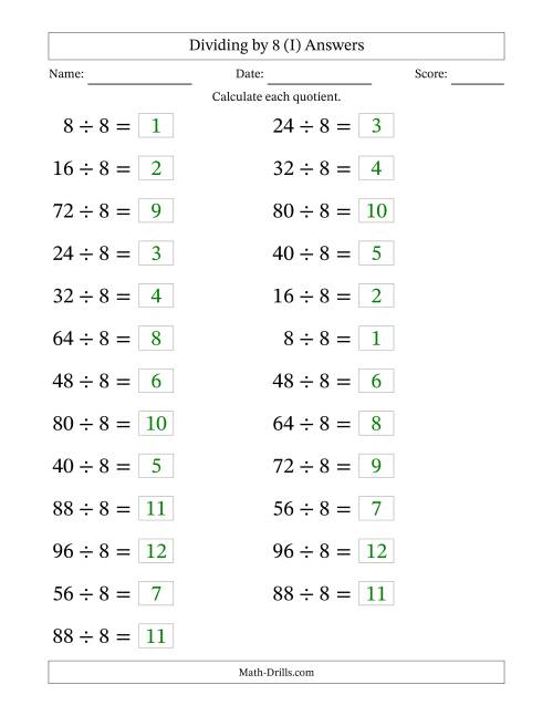 The Horizontally Arranged Dividing by 8 with Quotients 1 to 12 (25 Questions; Large Print) (I) Math Worksheet Page 2