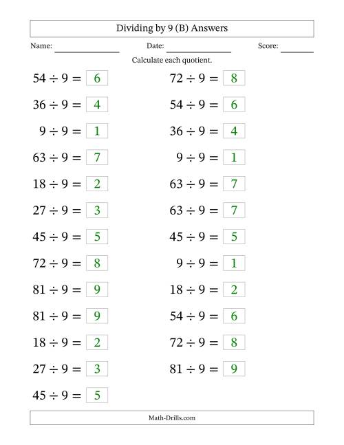The Horizontally Arranged Dividing by 9 with Quotients 1 to 9 (25 Questions; Large Print) (B) Math Worksheet Page 2