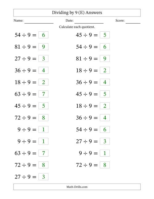 The Horizontally Arranged Dividing by 9 with Quotients 1 to 9 (25 Questions; Large Print) (E) Math Worksheet Page 2