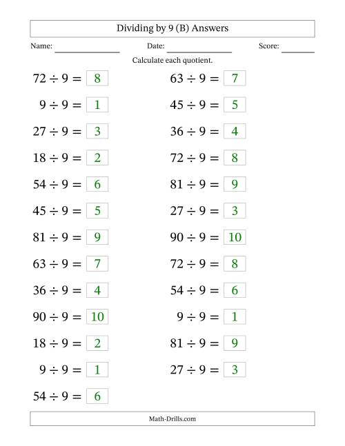 The Horizontally Arranged Dividing by 9 with Quotients 1 to 10 (25 Questions; Large Print) (B) Math Worksheet Page 2