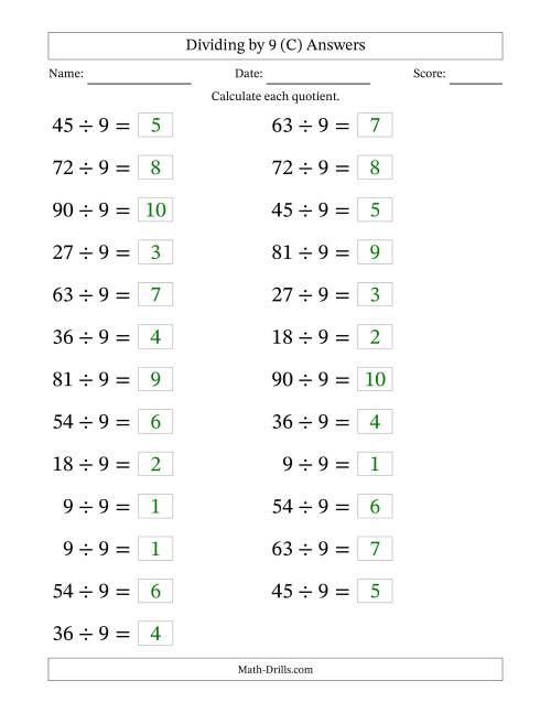 The Horizontally Arranged Dividing by 9 with Quotients 1 to 10 (25 Questions; Large Print) (C) Math Worksheet Page 2