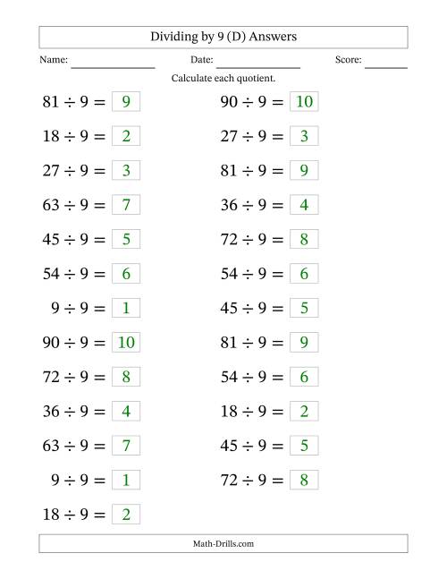 The Horizontally Arranged Dividing by 9 with Quotients 1 to 10 (25 Questions; Large Print) (D) Math Worksheet Page 2
