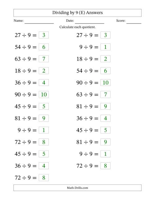 The Horizontally Arranged Dividing by 9 with Quotients 1 to 10 (25 Questions; Large Print) (E) Math Worksheet Page 2