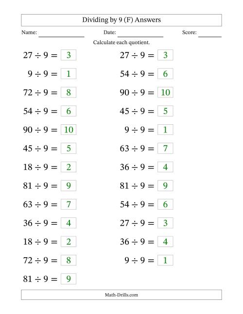 The Horizontally Arranged Dividing by 9 with Quotients 1 to 10 (25 Questions; Large Print) (F) Math Worksheet Page 2