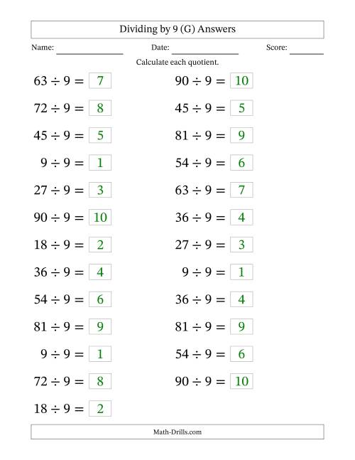 The Horizontally Arranged Dividing by 9 with Quotients 1 to 10 (25 Questions; Large Print) (G) Math Worksheet Page 2