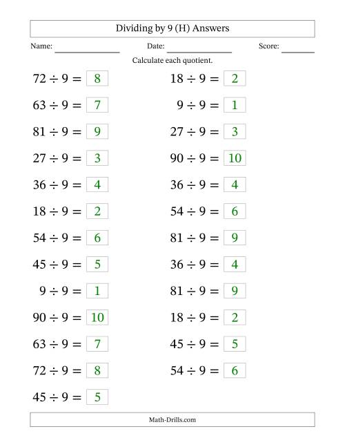 The Horizontally Arranged Dividing by 9 with Quotients 1 to 10 (25 Questions; Large Print) (H) Math Worksheet Page 2