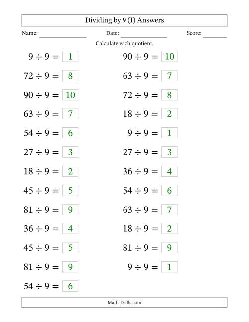 The Horizontally Arranged Dividing by 9 with Quotients 1 to 10 (25 Questions; Large Print) (I) Math Worksheet Page 2