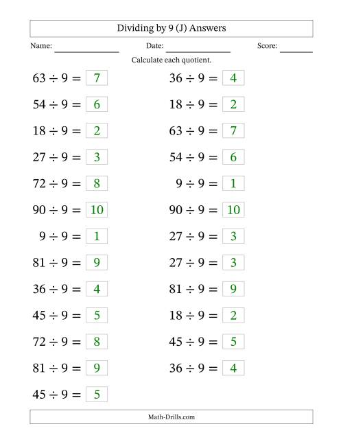 The Horizontally Arranged Dividing by 9 with Quotients 1 to 10 (25 Questions; Large Print) (J) Math Worksheet Page 2