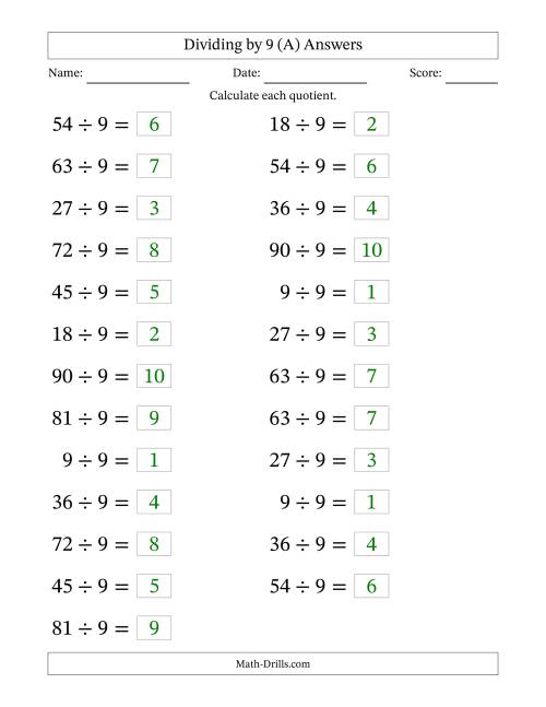 The Horizontally Arranged Dividing by 9 with Quotients 1 to 10 (25 Questions; Large Print) (All) Math Worksheet Page 2