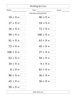 Horizontally Arranged Dividing by 9 with Quotients 1 to 12 (25 Questions; Large Print)