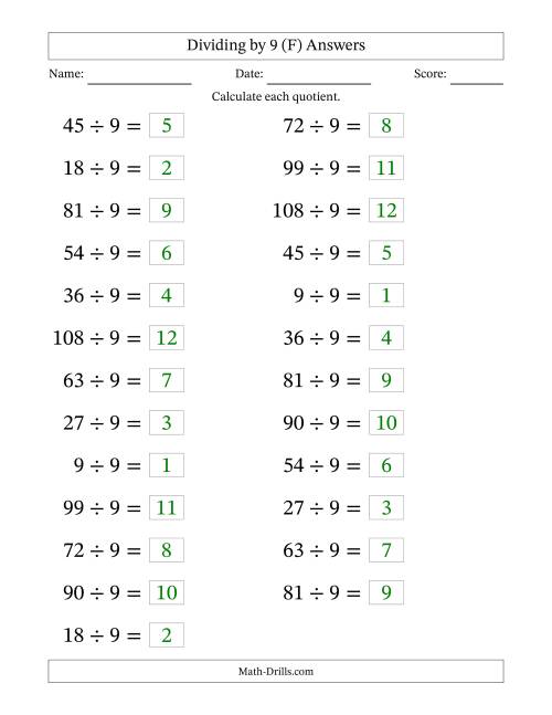 The Horizontally Arranged Dividing by 9 with Quotients 1 to 12 (25 Questions; Large Print) (F) Math Worksheet Page 2