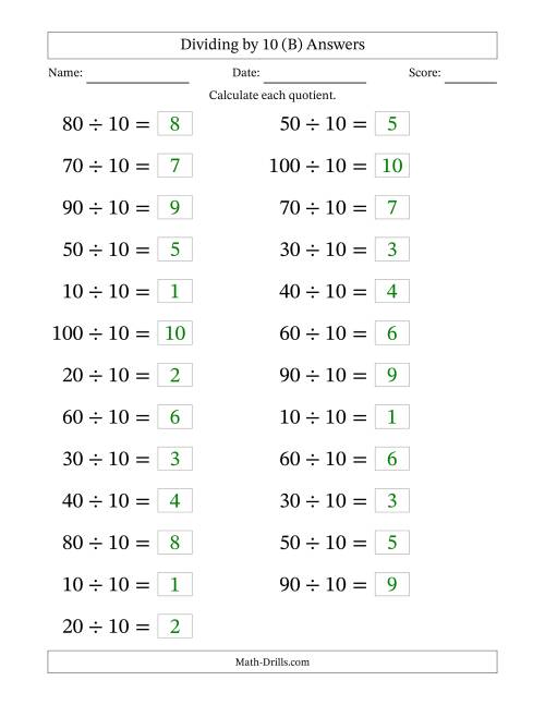 The Horizontally Arranged Dividing by 10 with Quotients 1 to 10 (25 Questions; Large Print) (B) Math Worksheet Page 2