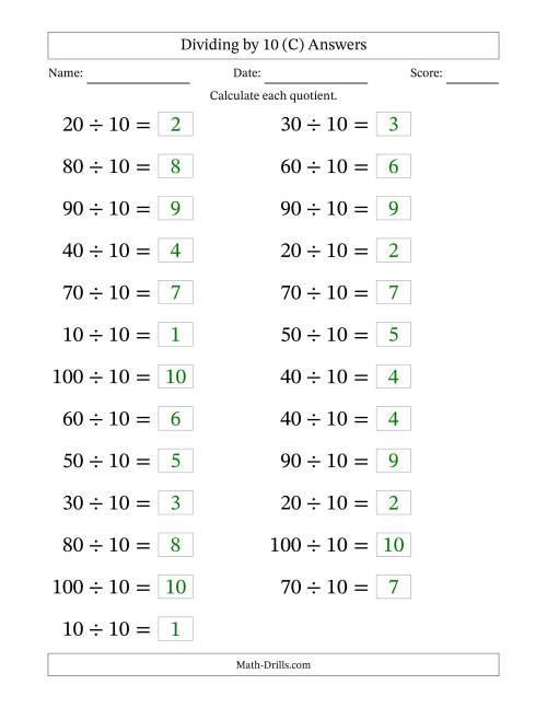The Horizontally Arranged Dividing by 10 with Quotients 1 to 10 (25 Questions; Large Print) (C) Math Worksheet Page 2