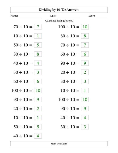 The Horizontally Arranged Dividing by 10 with Quotients 1 to 10 (25 Questions; Large Print) (D) Math Worksheet Page 2