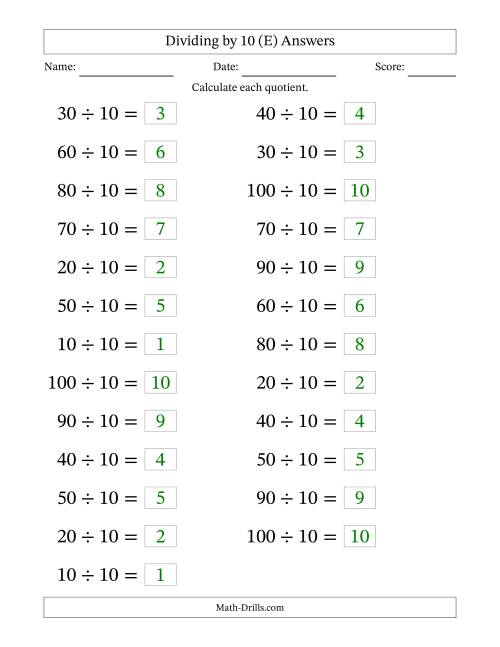 The Horizontally Arranged Dividing by 10 with Quotients 1 to 10 (25 Questions; Large Print) (E) Math Worksheet Page 2