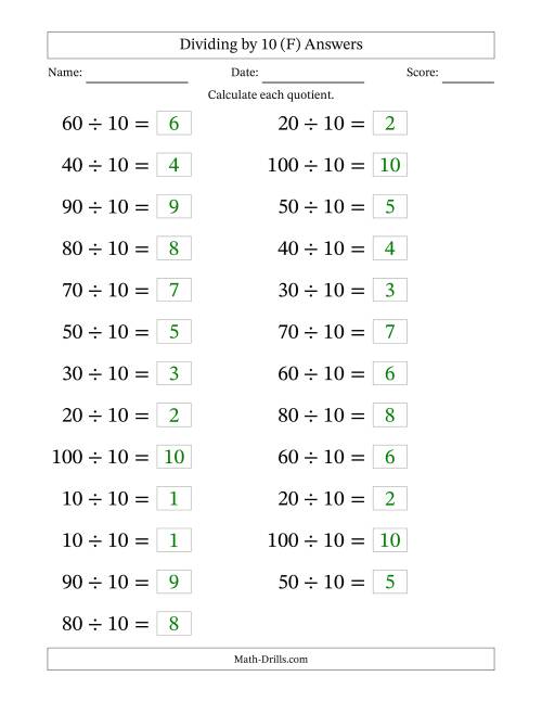The Horizontally Arranged Dividing by 10 with Quotients 1 to 10 (25 Questions; Large Print) (F) Math Worksheet Page 2