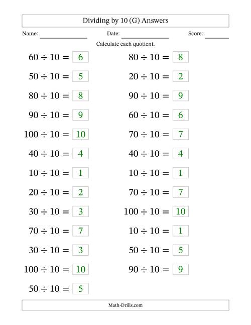The Horizontally Arranged Dividing by 10 with Quotients 1 to 10 (25 Questions; Large Print) (G) Math Worksheet Page 2