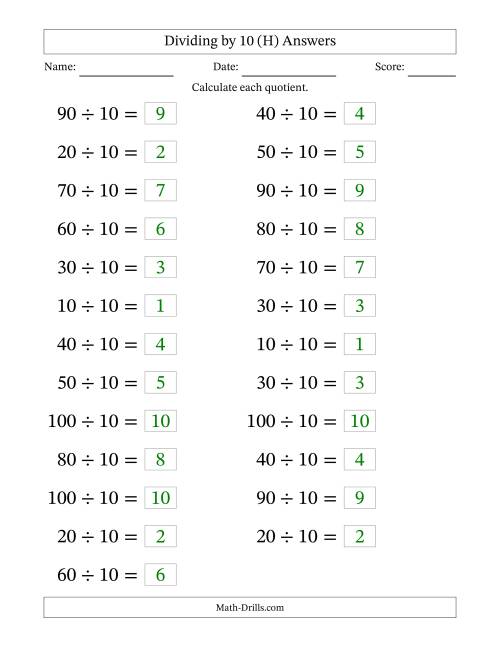 The Horizontally Arranged Dividing by 10 with Quotients 1 to 10 (25 Questions; Large Print) (H) Math Worksheet Page 2