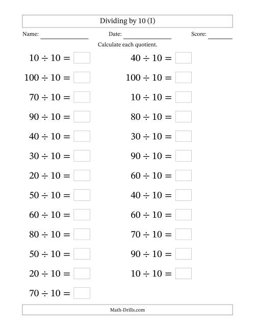 The Horizontally Arranged Dividing by 10 with Quotients 1 to 10 (25 Questions; Large Print) (I) Math Worksheet