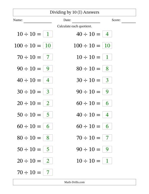 The Horizontally Arranged Dividing by 10 with Quotients 1 to 10 (25 Questions; Large Print) (I) Math Worksheet Page 2