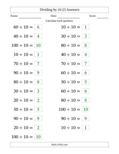 The Horizontally Arranged Dividing by 10 with Quotients 1 to 10 (25 Questions; Large Print) (J) Math Worksheet Page 2
