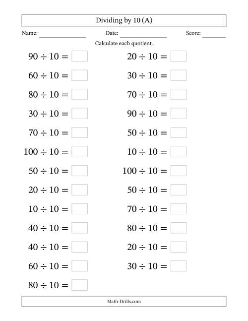 The Horizontally Arranged Dividing by 10 with Quotients 1 to 10 (25 Questions; Large Print) (All) Math Worksheet